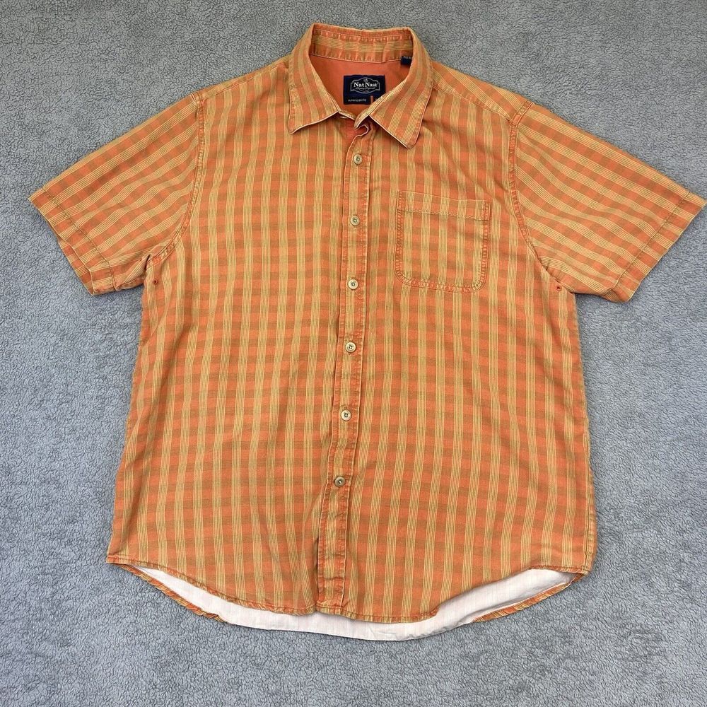Nat Nast Shirt‎ Men's Size Medium Silk Orange Button Up Short Sleeve Plaid FLAWS